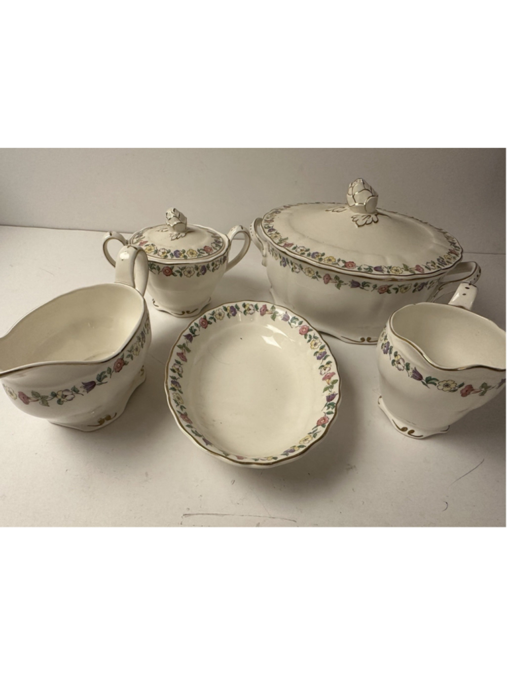 Vintage Grindley Marlborough Royal Petal Tureen Gravy Boat Creamer Sugar Set 5pc